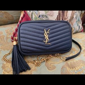 YSL Mini Lou Monogram Grain De Poudre Roya black chevron gold chain tassel bag